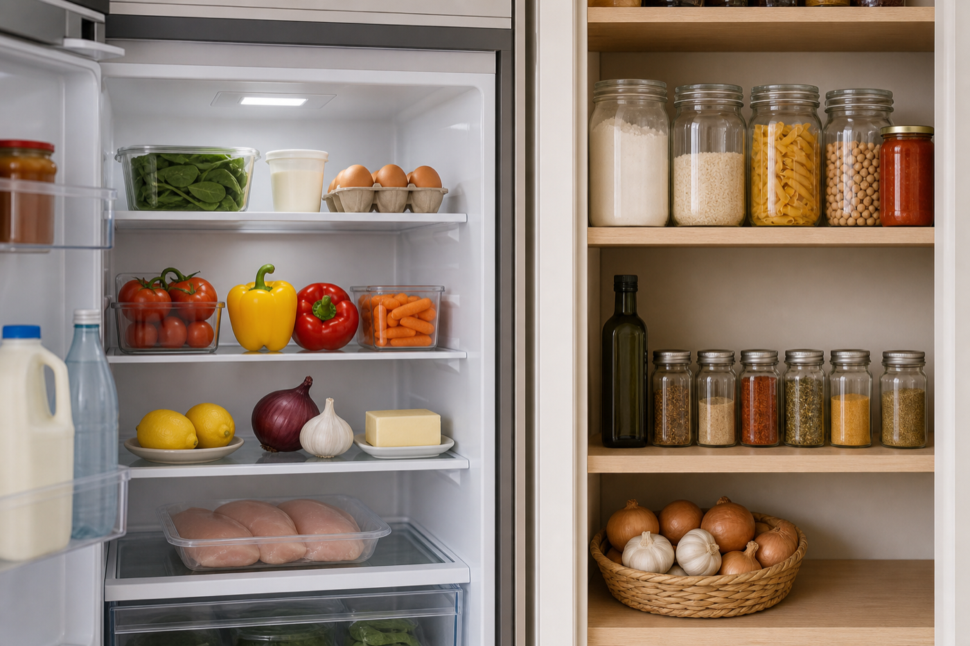 An open fridge and pantry stocked with recognizable cooking ingredients